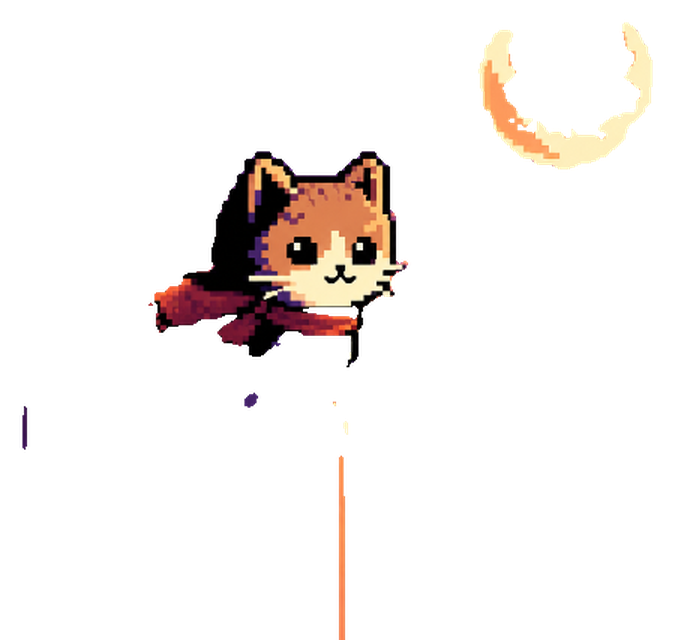 Moon Fence Cat, a pixel-art cat in a red scarf, under the moon