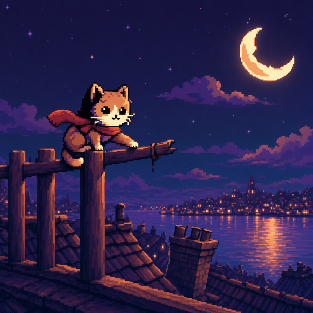 Moon Fence Cat on a rooftop fence post under a crescent moon, above a lit harbour town
